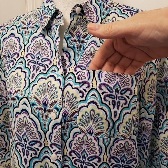 Chico's Scallop-Print Button Front No Iron Linen Shirt Size 0=8/10 Colorful - Picture 5 of 13